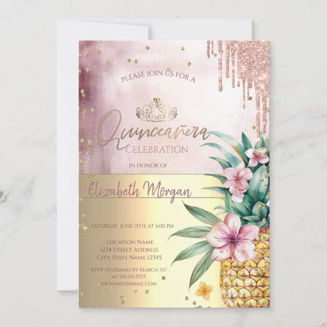 Diamonds,Rose Gold Glitter Drips,Pineapple Invitation (Front)