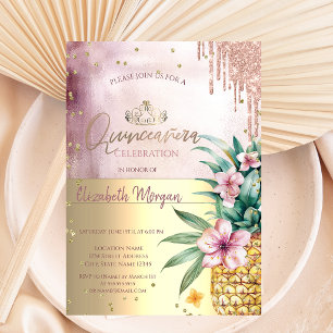 Diamonds,Rose Gold Glitter Drips,Pineapple Invitation