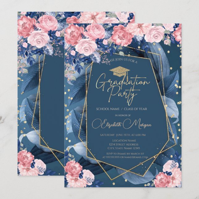  Diamonds Roses Frame Navy Blue Graduation Party Invitation (Front/Back)
