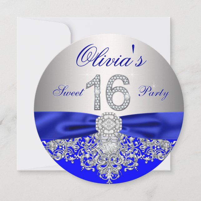 Diamonds Royal Blue and Silver Sweet 16 Party Invitation (Front)