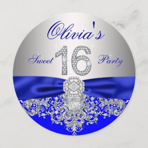 Diamonds Royal Blue and Silver Sweet 16 Party Invitation