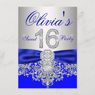 Diamonds Royal Blue and Silver Sweet 16 Party Invitation