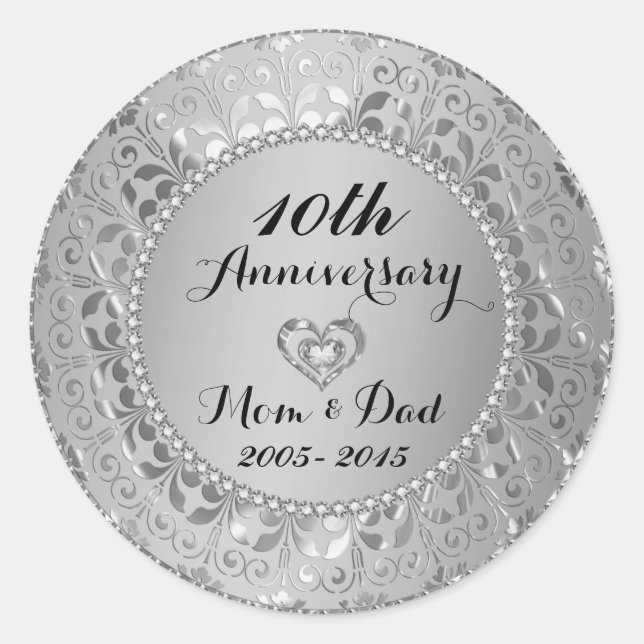 Diamonds & Silver 10th Wedding Anniversary Classic Round Sticker (Front)
