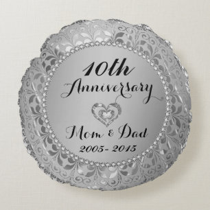 Diamonds & Silver 10th Wedding Anniversary Round Cushion