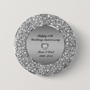 Diamonds & Silver 25th Wedding Anniversary 6 Cm Round Badge