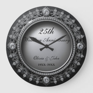 Diamonds & Silver 25th Wedding Anniversary gift Large Clock