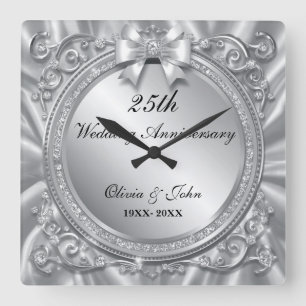 Diamonds & Silver 25th Wedding Anniversary gift Square Wall Clock