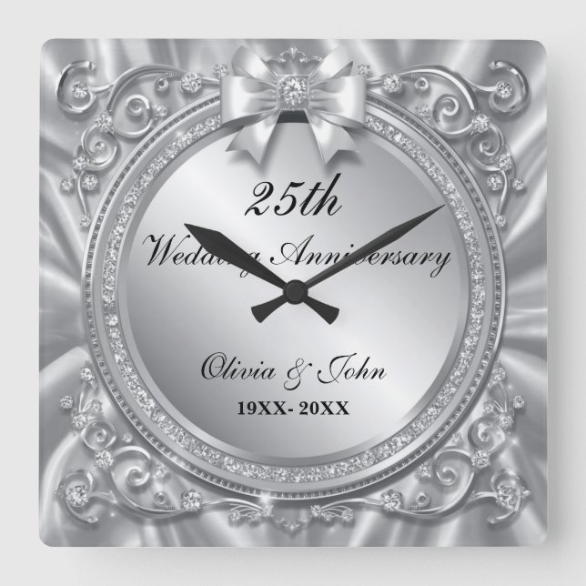 Diamonds & Silver 25th Wedding Anniversary gift Square Wall Clock (Front)