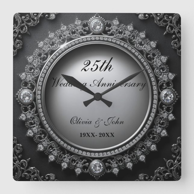 Diamonds & Silver 25th Wedding Anniversary gift Square Wall Clock (Front)