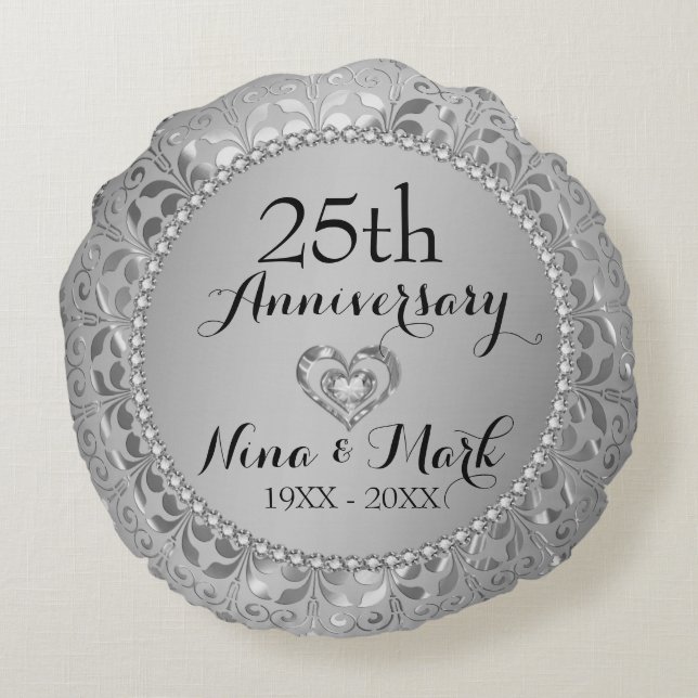 Diamonds & Silver 25th Wedding Anniversary Round Cushion (Back)
