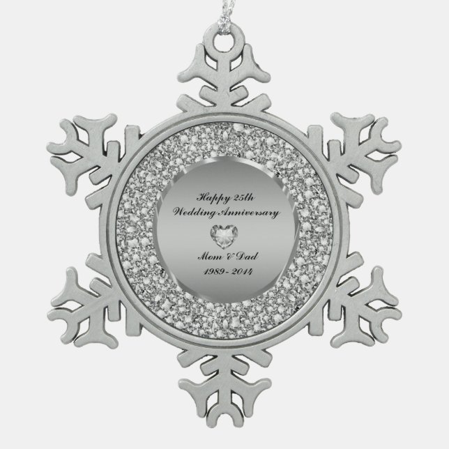 Diamonds & Silver 25th Wedding Anniversary Snowflake Pewter Christmas Ornament (Front)