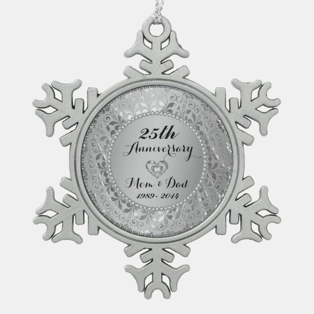 Diamonds & Silver 25th Wedding Anniversary Snowflake Pewter Christmas Ornament (Front)