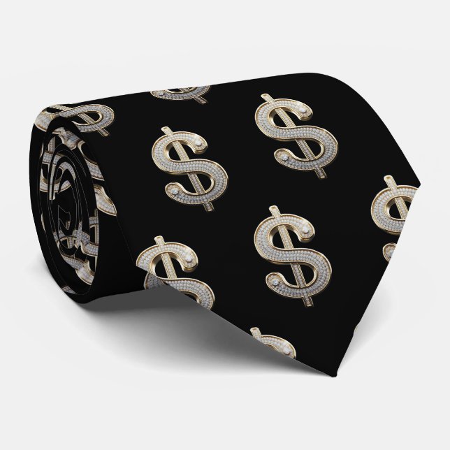 Diamonds & Silver Dollar Sign Bling Tie (Rolled)