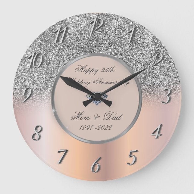 Diamonds Silver Glitter 25 Wedding Anniversary  Large Clock (Front)