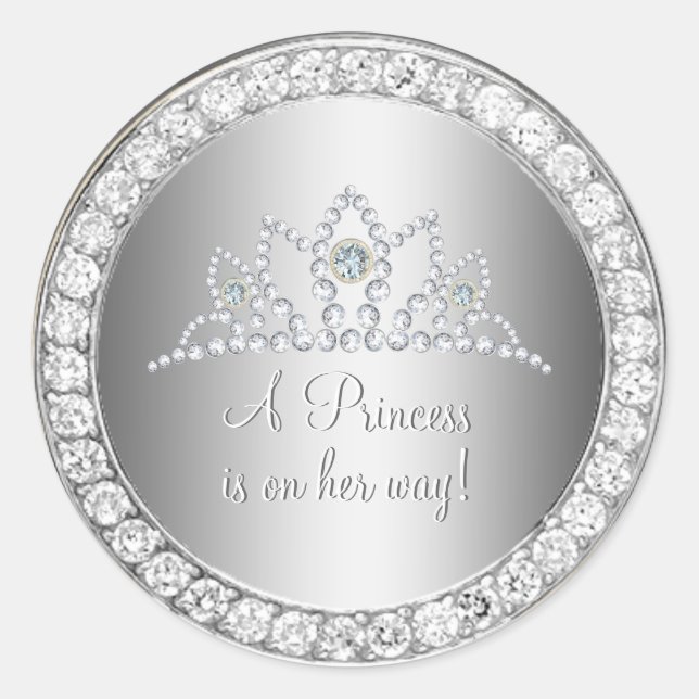 Diamonds Silver Princess Tiara Baby Shower Favour Classic Round Sticker (Front)