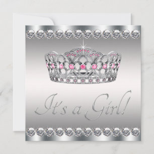 Diamonds Silver Tiara Pink Black Baby Shower Invitation