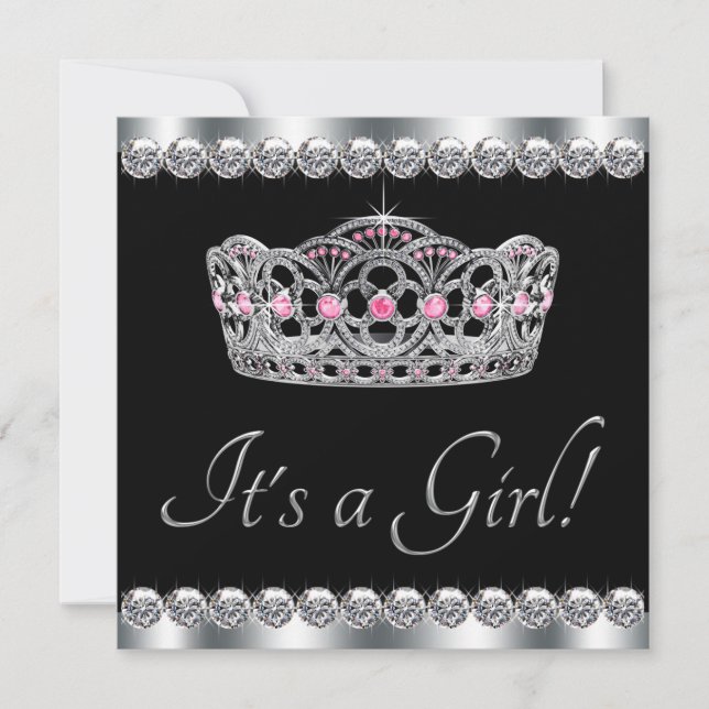 Diamonds Silver Tiara Pink Black Baby Shower Invitation (Front)