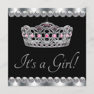 Diamonds Silver Tiara Pink Black Baby Shower Invitation