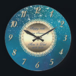 Diamonds Stars Blue 50 Wedding Anniversary Large Clock<br><div class="desc">Elegant gold diamonds and stars on blue wedding anniversary clock.</div>