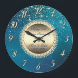 Diamonds Stars Blue 50 Wedding Anniversary Large Clock<br><div class="desc">Elegant gold diamonds and stars on blue wedding anniversary clock.</div>