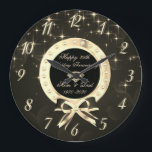 Diamonds Stars Bow 50th Wedding Anniversary Large Clock<br><div class="desc">Elegant gold diamonds and stars on black wedding anniversary clock.</div>