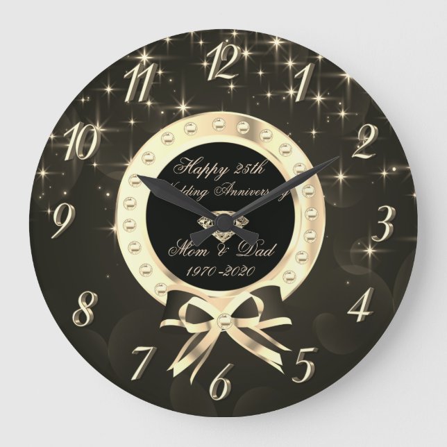 Diamonds Stars Bow 50th Wedding Anniversary Large Clock (Front)