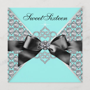 Diamonds Teal Blue Black Sweet 16 Birthday Party Invitation