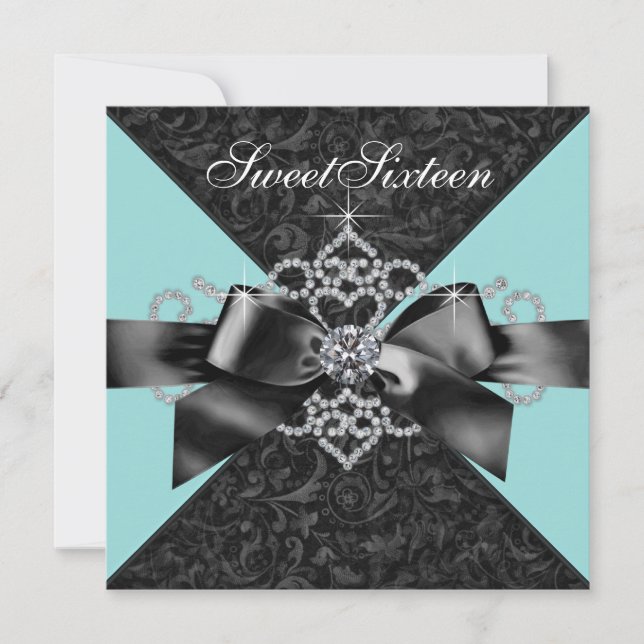 Diamonds Teal Blue Black Sweet 16 Birthday Party Invitation (Front)