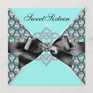 Diamonds Teal Blue Black Sweet 16 Birthday Party Invitation