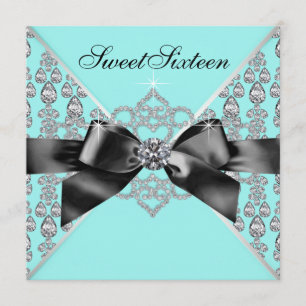 Diamonds Teal Blue Black Sweet 16 Birthday Party Invitation