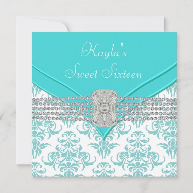 Diamonds Teal Blue Damask Sweet Sixteen Birthday Invitation (Front)
