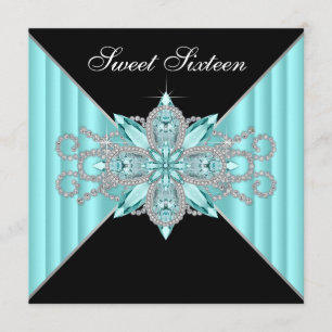 Diamonds Turquoise Blue and Black Birthday Invitation