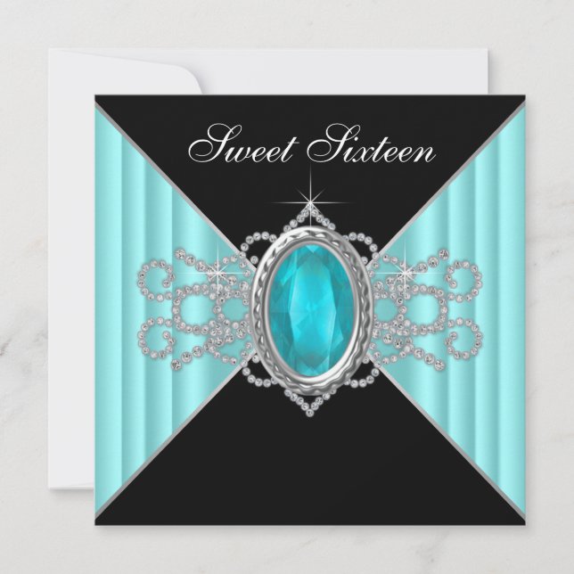 Diamonds Turquoise Blue Black Sweet 16 Birthday Invitation (Front)