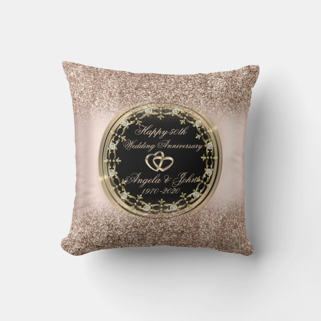 DiamondsHearts Rose Gold Glitter 50th Anniversary Cushion (Front)