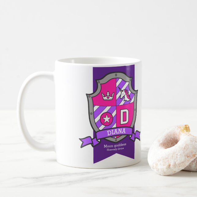 Diana letter D crest pink unicorn name meaning Coffee Mug (With Donut)