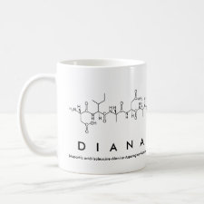 Mug featuring the name Diana spelled out in the single letter amino acid code