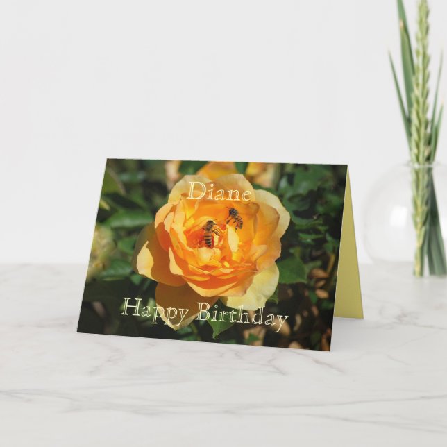 Diane Happy Birthday Yellow Rose With Honeybees Card (Front)