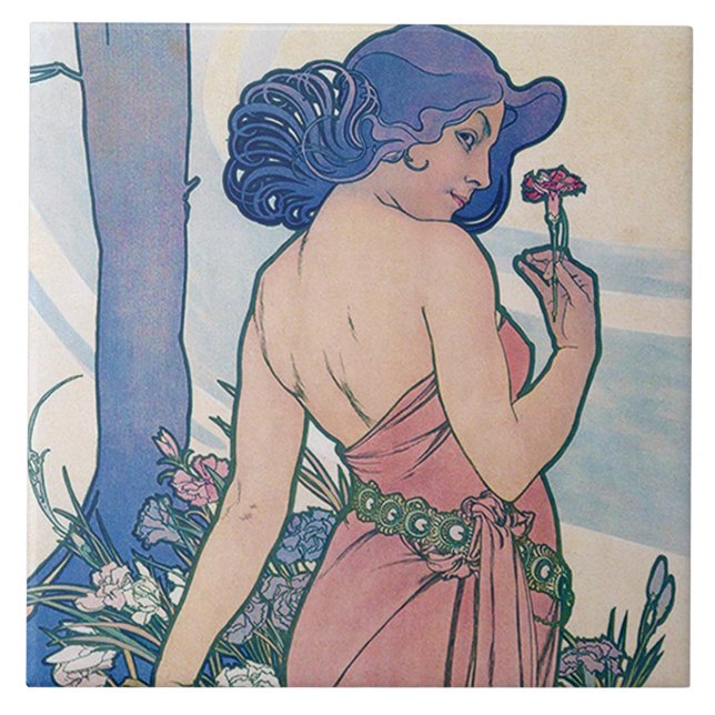 Dianthus (Four Flowers), Alphonse Mucha Tile (Front)