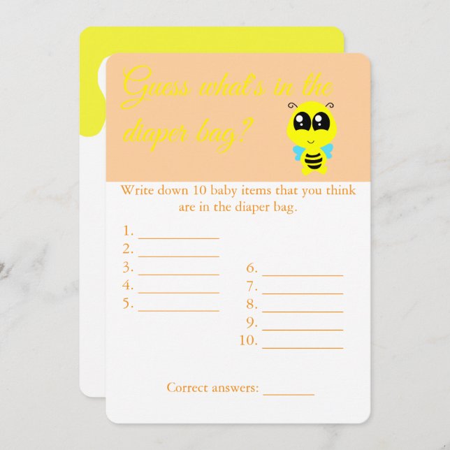 Diaper Bag, Baby Shower Game Card Flyer, Bee  (Front/Back)