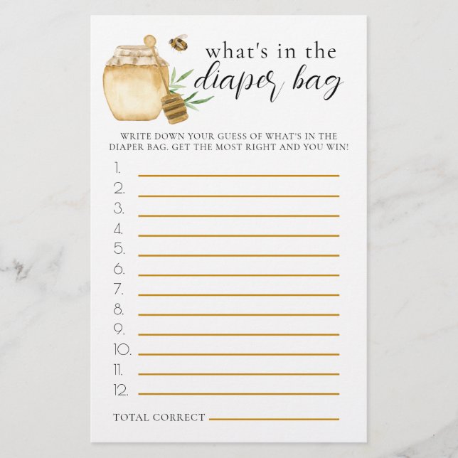 Diaper Bag Baby Shower Guessing Game Bee Theme (Front)