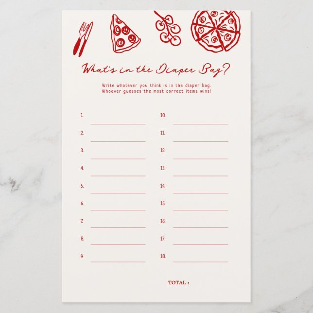 Diaper Bag Pizza Baby Shower Games (Front)