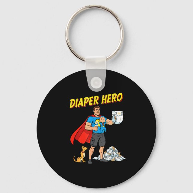 Diaper Hero Funny Cartoon Dad Design For New Fathe Key Ring (Front)