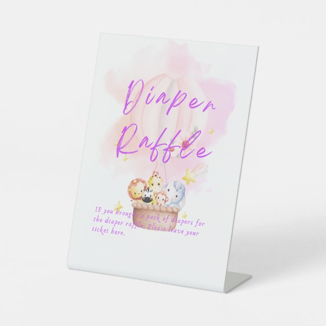 Diaper Raffle Baby Animal Safari in Pink  Pedestal Sign (Front)