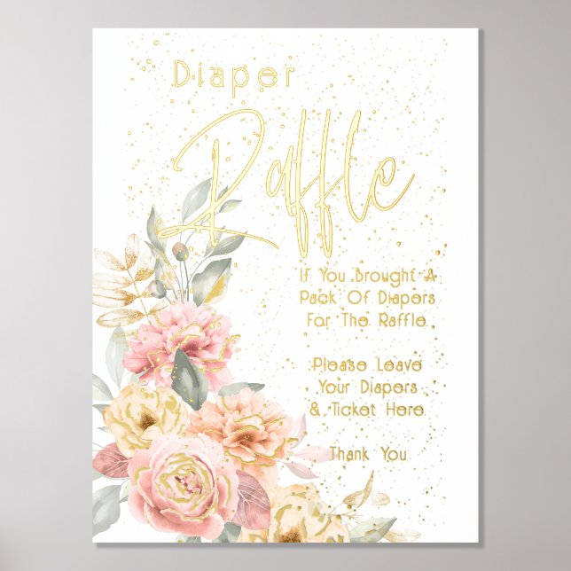 Diaper Raffle Baby Shower Blush Pink Ivory Peonies Foil Prints (Front)