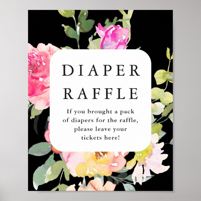 Diaper Raffle Baby Shower Floral Black Poster (Front)