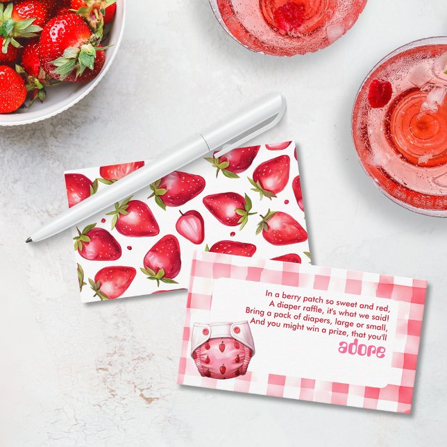 Diaper Raffle Baby Shower Strawberry Gingham Pink  Enclosure Card (Diaper Raffle Card Strawberry Gingham red pink card baby shower party retro vintage picnic cottage)
