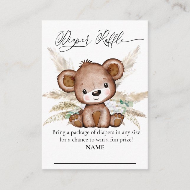 Diaper Raffle Bear Boho Pampas Grass Bearly Wait  Enclosure Card (Front)