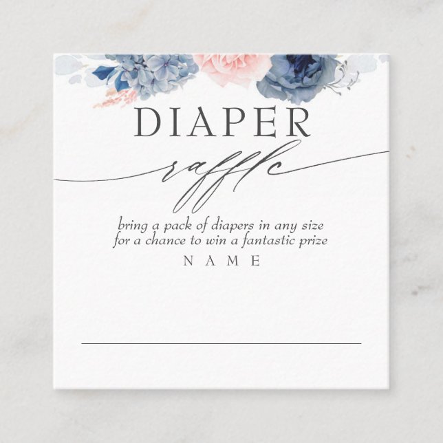 Diaper Raffle Blue Pink Floral Baby Shower Square Business Card (Front)