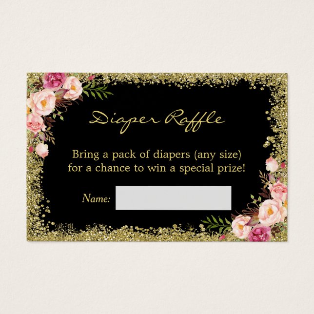 Diaper Raffle Card Black Gold Glitter Pink Floral (Front)