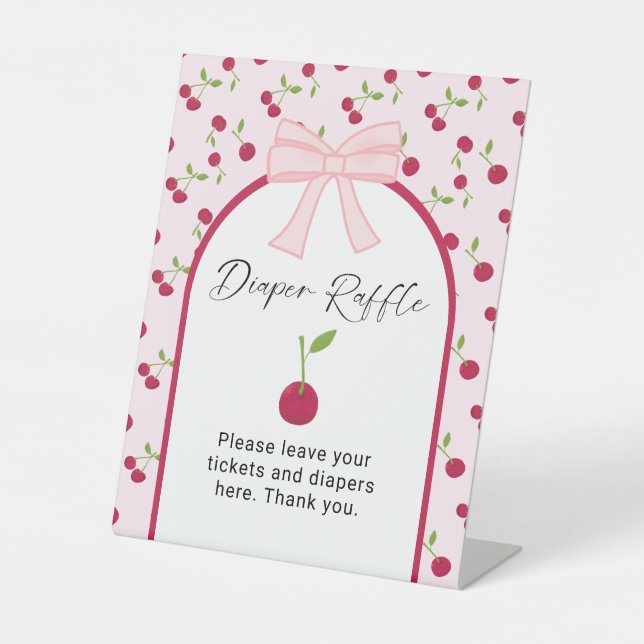 Diaper Raffle Cherry on Top Coquette Baby Shower  Pedestal Sign (Front)